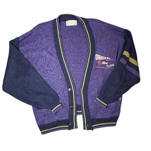 Bugle‎ Boy Action 56 Team Cardigan Sweater Purple Knit 1974 Vintage Mens Medium